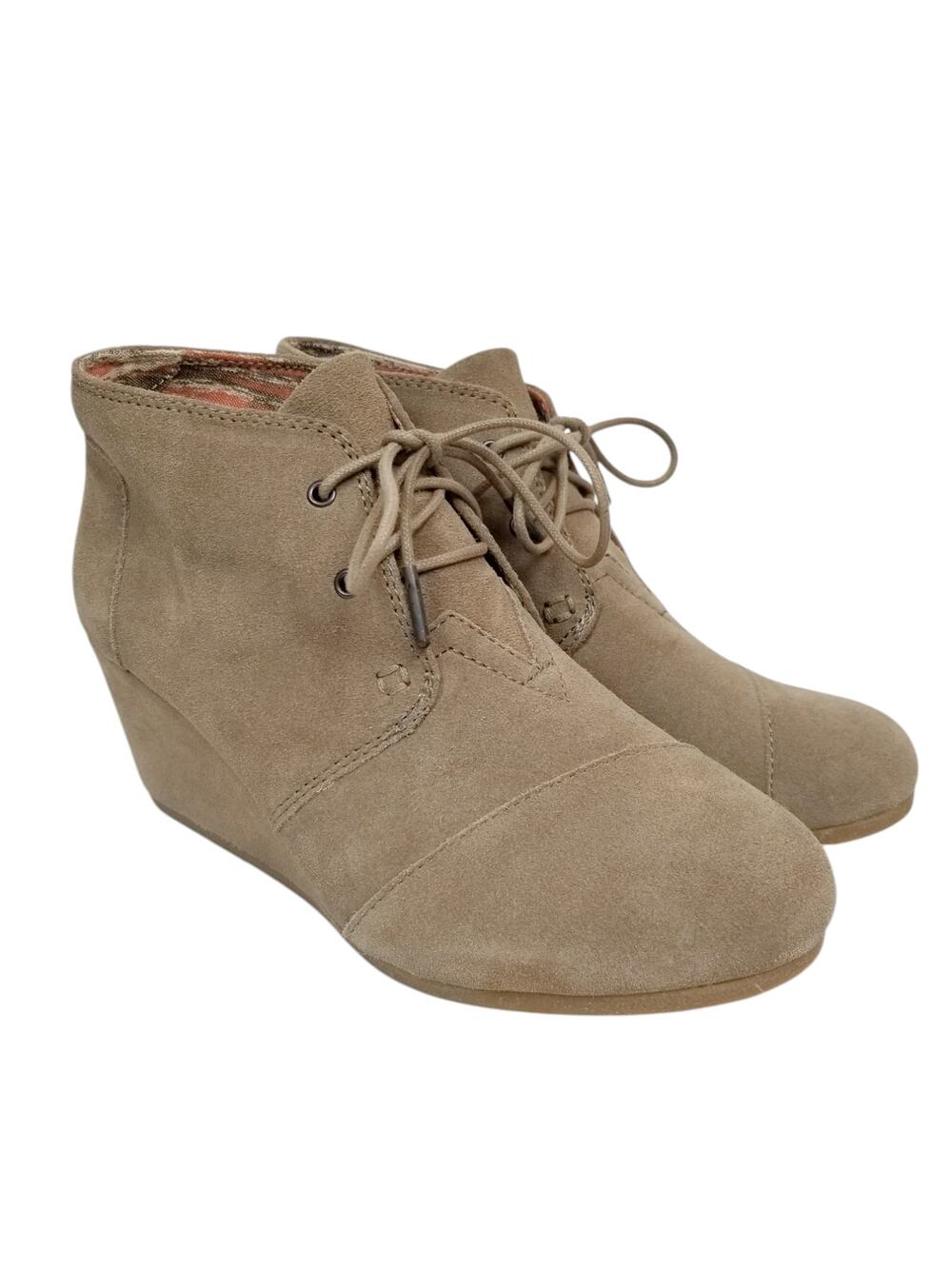 TOMS Kala Desert Suede Wedge Heel Lace Up Ankle Boots Tan Women's Size 10
